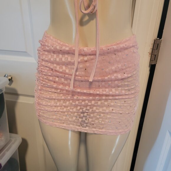 Sheer Rhinestone and Waffle Knit Pink Bikini Top and Mini Skirt or Cover Up - Picture 6 of 12